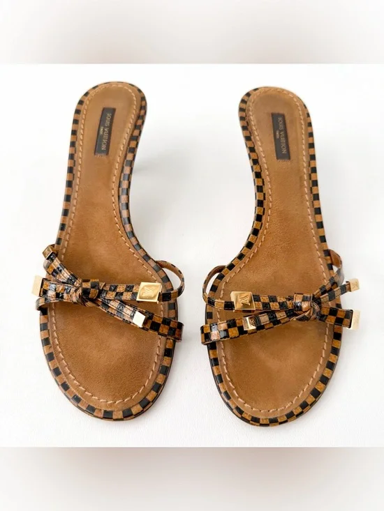 LOUIS VUITTON | Damier Check Kitten Heel Mule Sandals Gold LV Charm EU 38.5 Y2K - Picture 2 of 15